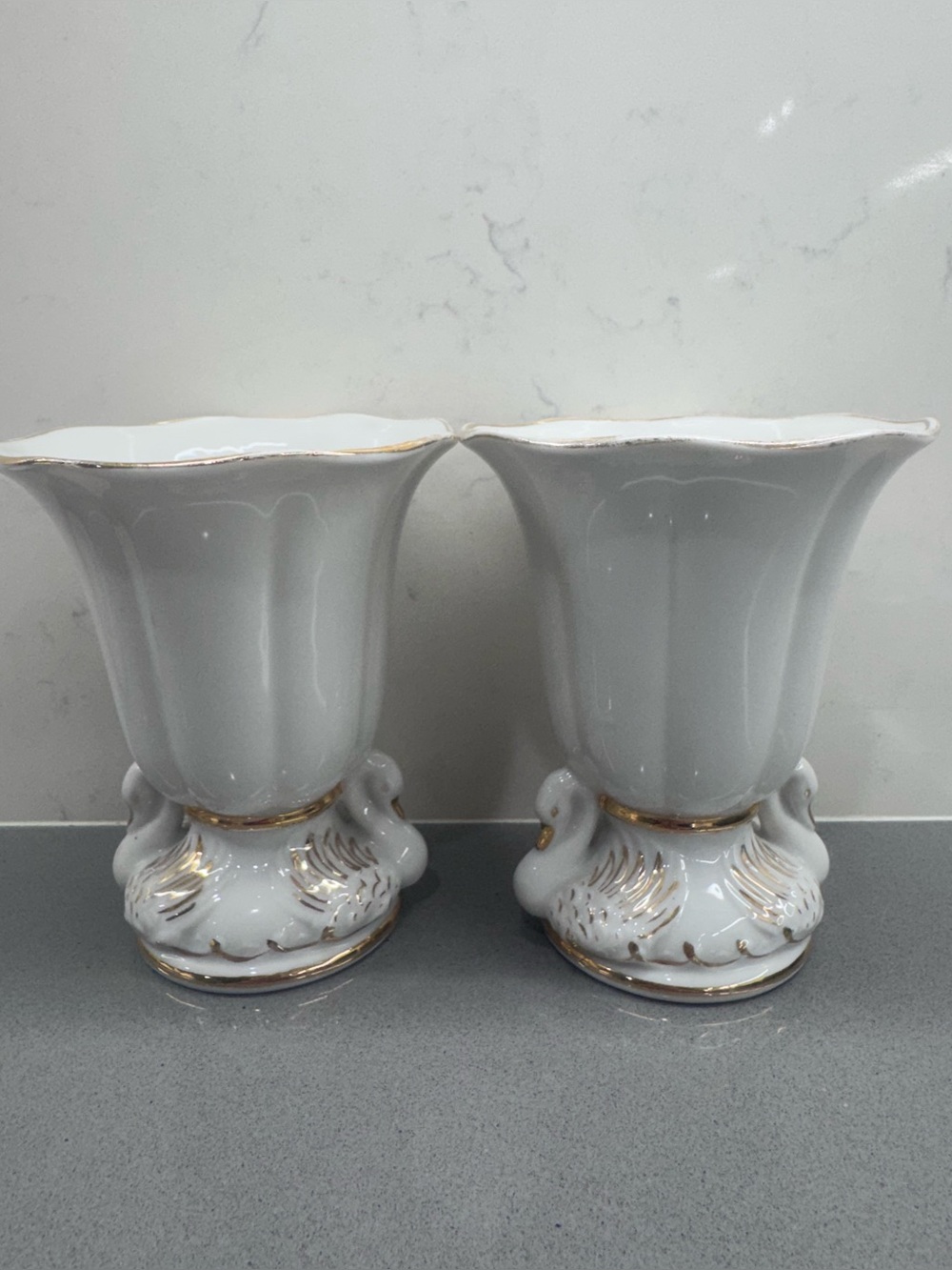 Pair (2) Vintage Gold Castle White Porcelain Double Swan Vase,made in Japan